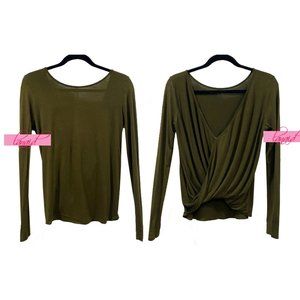 Tobi Olive Army Green Open Twist Drape Back Reversible Long Sleeve Blouse Top S